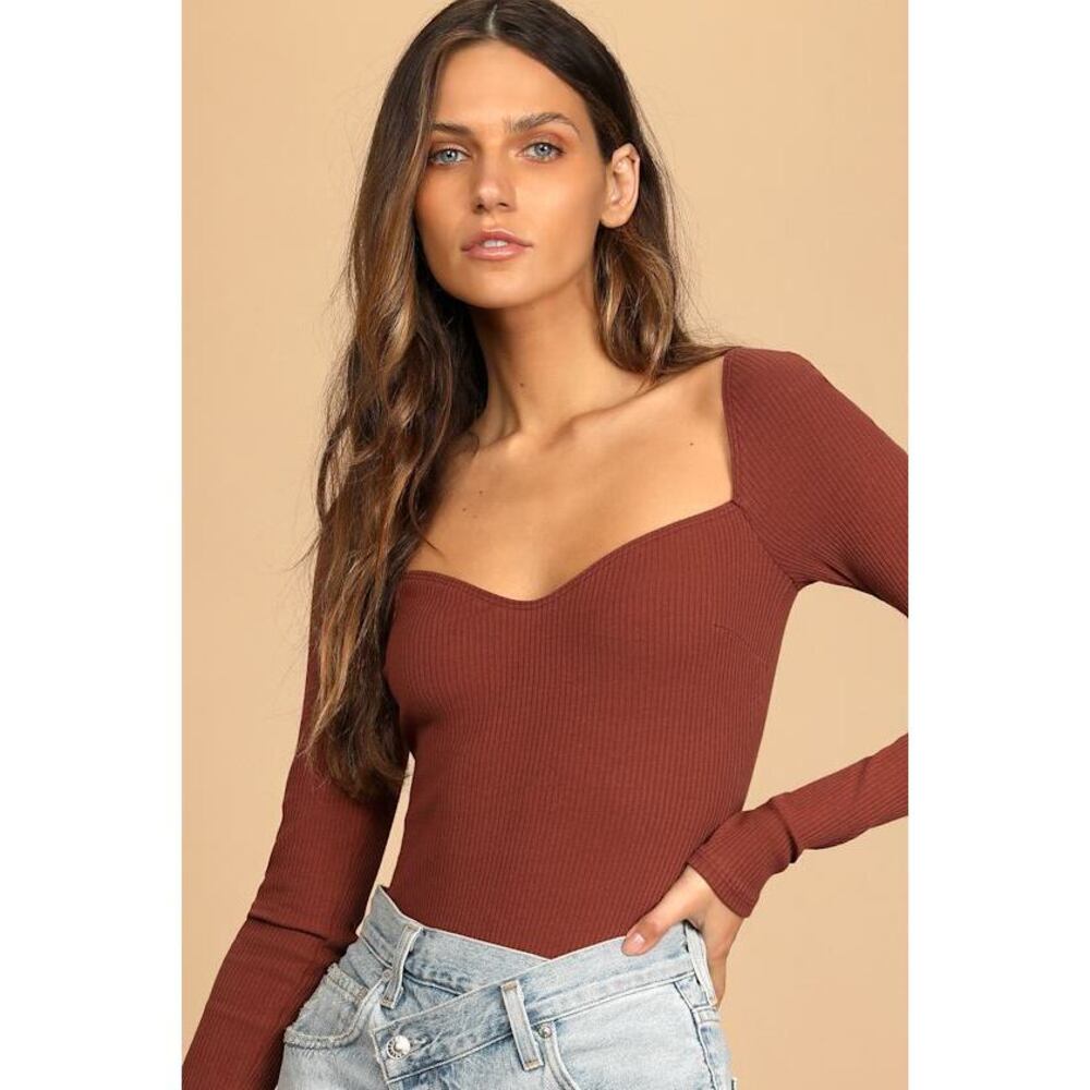 Lulus Seasonal Favorite Washed Burgundy Ribbed Long Sleeve Bodysuit Red - Size M